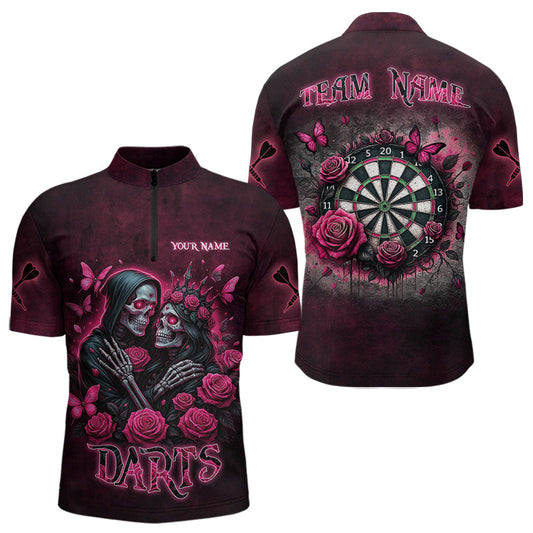 Individuelles Skelett und Rosen Gothic Romance Dart Viertelreißverschluss Herren Shirt – Dart Trikot TDM3834