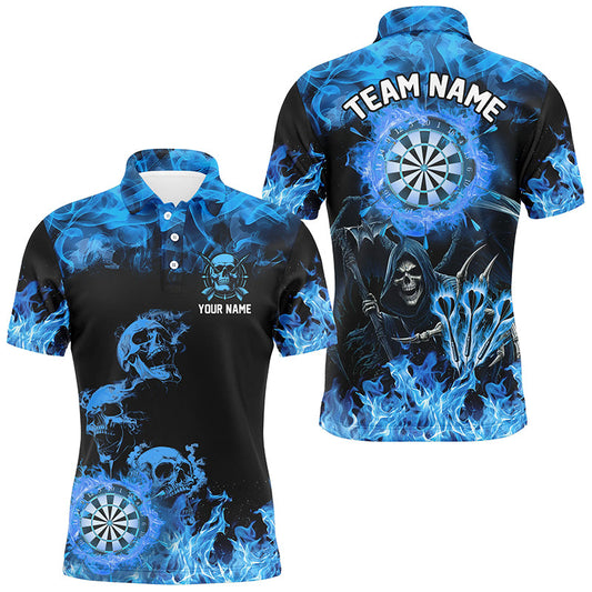 Individuelles Fire Flame Dartbrett-Skelett-Dart-Poloshirt für Herren, blaues gruseliges Darttrikot TDM2903