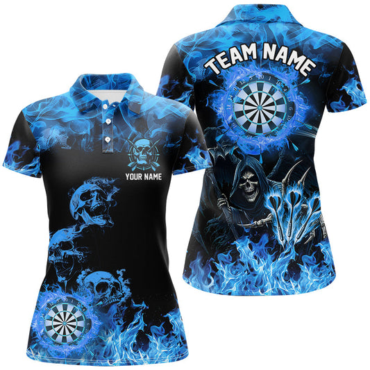 Individuelles Feuerflammen Dartboard Skull Dart Poloshirt für Damen, Blaues Gruseliges Dart Trikot TDM2903