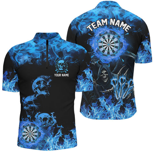 Individuelles Fire Flame Darts Board Skull Dart Herren Shirt mit Viertelreißverschluss, Blaues Gruseliges Dart Trikot TDM2903