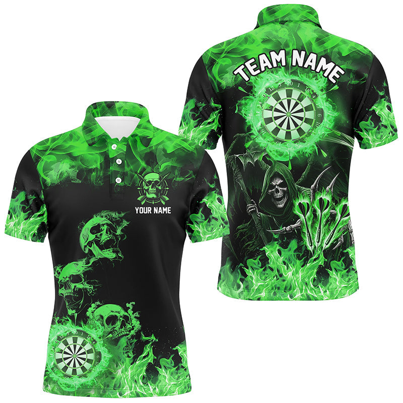 Individuelles Fire Flame Dartbrett-Skelett-Dart-Poloshirt für Herren, grünes gruseliges Darttrikot TDM2904