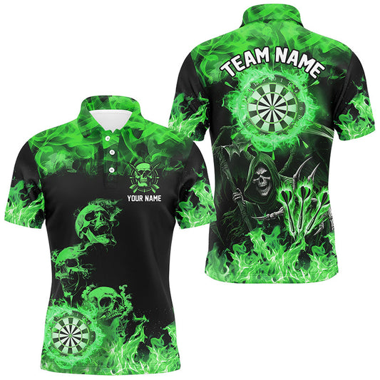 Individuelles Fire Flame Dartbrett-Skelett-Dart-Poloshirt für Herren, grünes gruseliges Darttrikot TDM2904