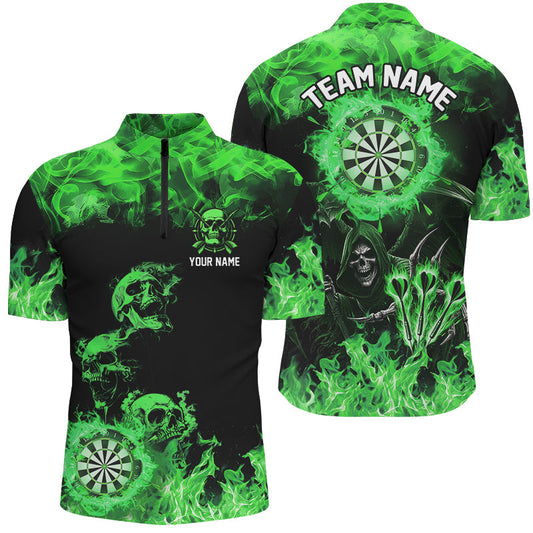 Individuelles Fire Flame Darts Board Skull Dart Herren Shirt mit Viertelreißverschluss, Grünes Gruseliges Dart Trikot TDM2904