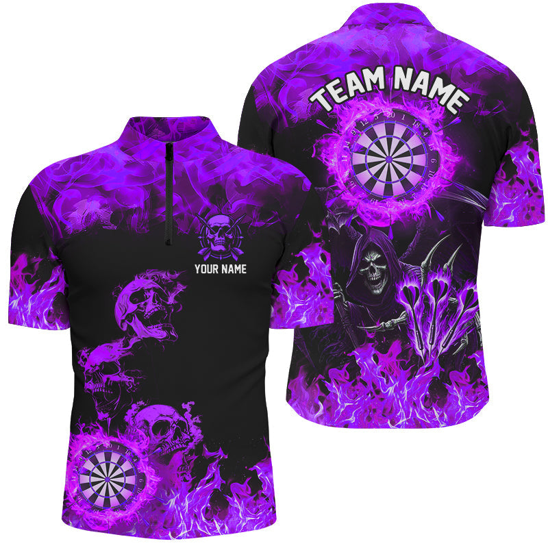 Individuelles Fire Flame Darts Board Skull Dart Herren Shirt mit Viertelreißverschluss, Lila Gruseliges Dart Trikot TDM2905