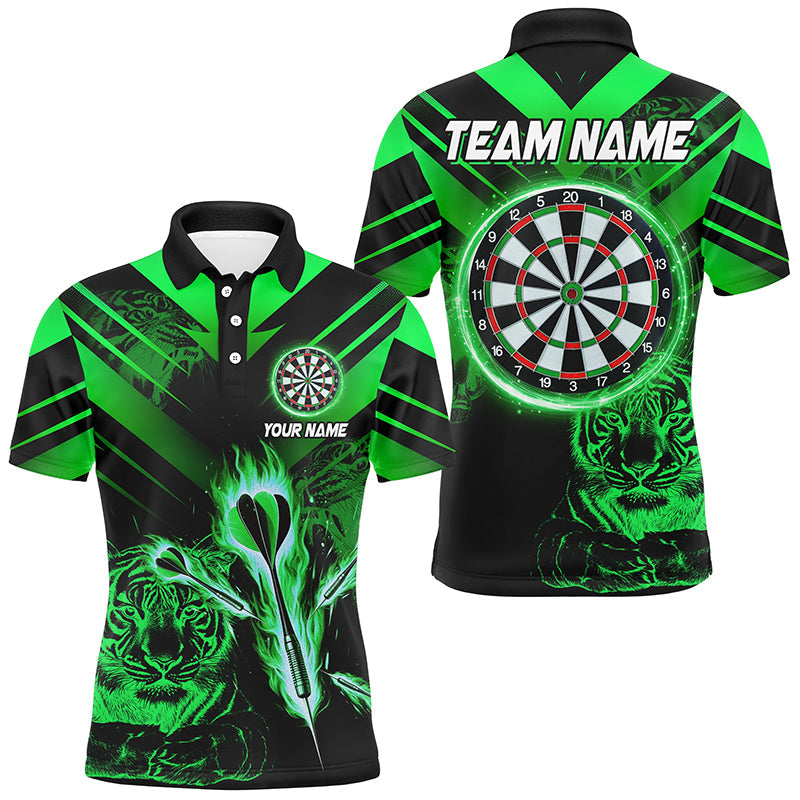 Individuelles grünes Dart-Pfeil-Feuer-Tiger-Poloshirt für Herren, Dartliga-Teamtrikot TDM3145