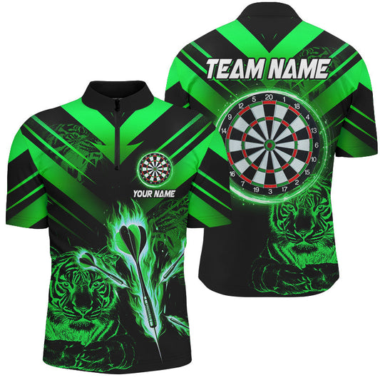 Individuelles Grünes Dart Pfeil Feuer Tiger Herren Shirt mit Viertelreißverschluss, Dart Liga Team Trikot TDM3145