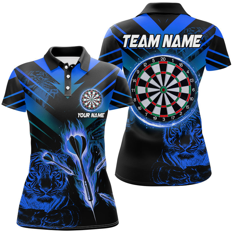 Individuelles Blau Dart Pfeil Feuer Tiger Dart-Poloshirt für Damen, Dart-Liga Team-Trikot TDM3146