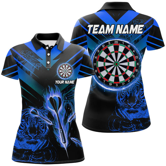 Individuelles Blau Dart Pfeil Feuer Tiger Dart-Poloshirt für Damen, Dart-Liga Team-Trikot TDM3146