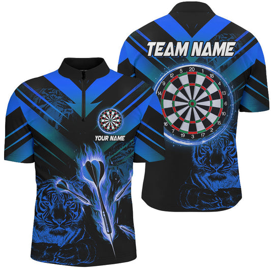 Individuelles Blaues Dart Pfeil Feuer Tiger Herren Shirt mit Viertelreißverschluss, Dart Liga Team Trikot TDM3146