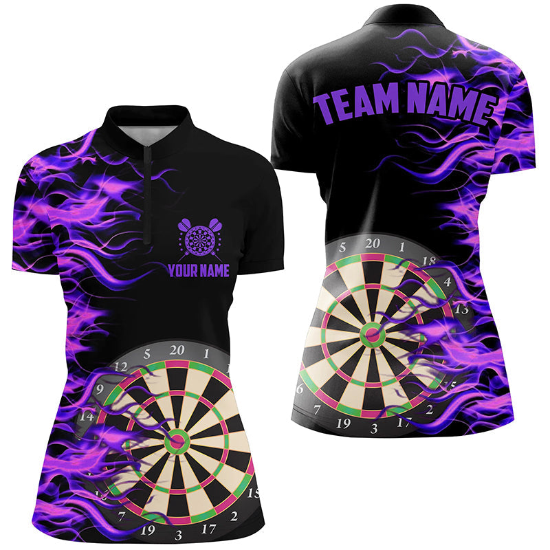 Individuelles lila Dartboard Fire Flame Dart Quarter Zip Shirt für Damen, Dart Team Name Trikot TDM1739