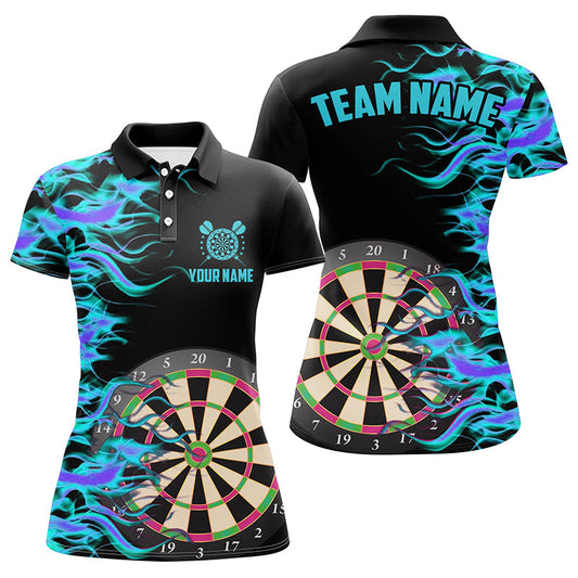 Individuelles Türkises Dartbrett Feuerflamme Dart Herren Poloshirt, Dart Team Name Trikot TDM1740