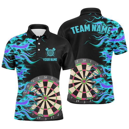 Individuelles Türkises Dartbrett Feuerflamme Dart Herren Poloshirt, Dart Team Name Trikot TDM1740