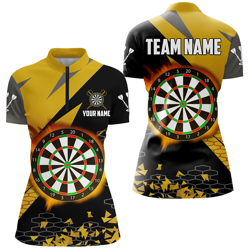 Individuelles Dartboard Fire Flame Dart Quarter Zip Shirt für Damen, gelbes Dart Teamtrikot TDM1741