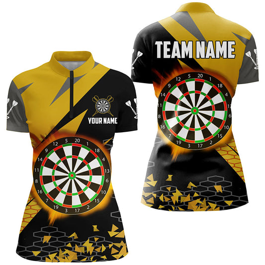 Individuelles Dartboard Fire Flame Dart Quarter Zip Shirt für Damen, gelbes Dart Teamtrikot TDM1741