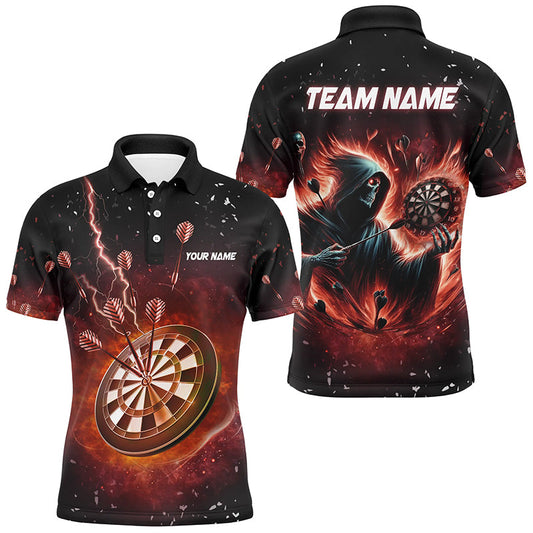 Individuelles gruseliges Totenschädel-Feuer-Dart-Poloshirt für Herren, Dart-Team-Outfit TDM2918