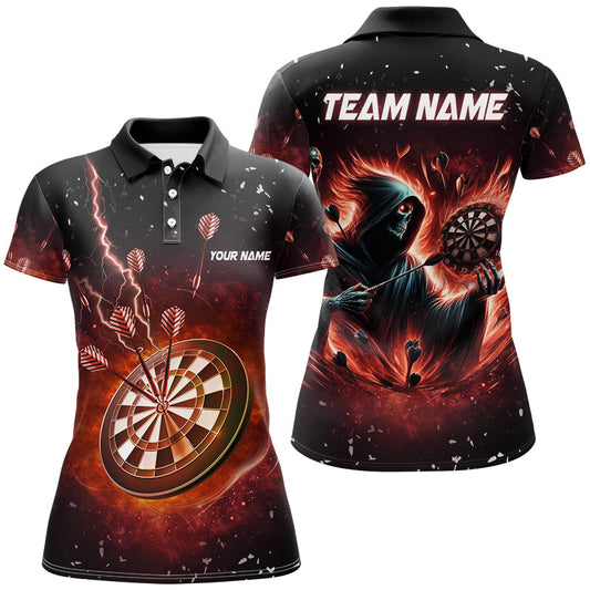 Individuelles Gruseliges Todesskelett Feuer Dart Poloshirt für Damen, Dart Trikot Team Outfit TDM2918