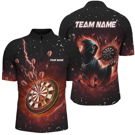 Individuelles Gruseliges Todesskelett Feuer Dart Herren Shirt mit Viertelreißverschluss, Dart Trikot Team Outfit TDM2918