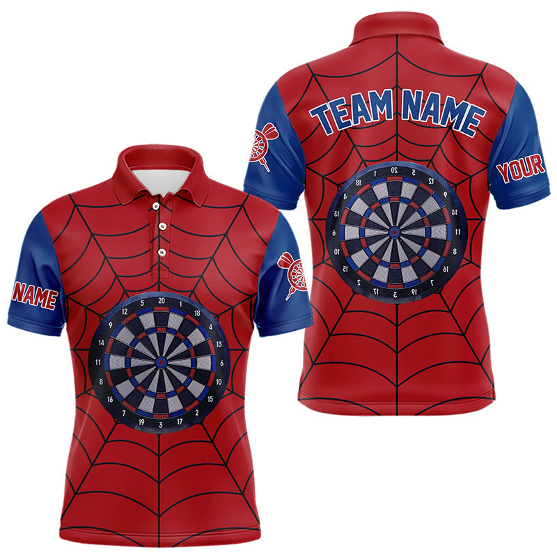 Individuelles blau-rotes Dart-Spinnennetz-Poloshirt für Herren, lustiges Dart-Teamtrikot TDM3170