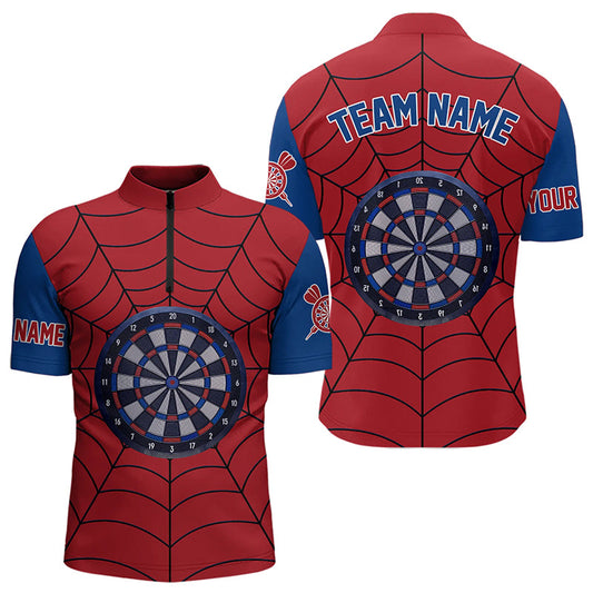 Individuelles Blau und Rotes Dart Spider Web Herren Shirt mit Viertelreißverschluss, Lustiges Dart Team Trikot TDM3170