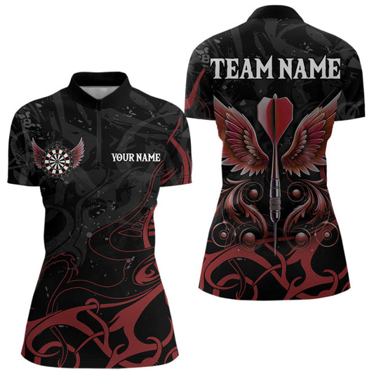 Individuelles Rot-Schwarz Pfeil Flügel Dart Damen Quarter Zip Shirt – Team Darts Trikots TDM3839