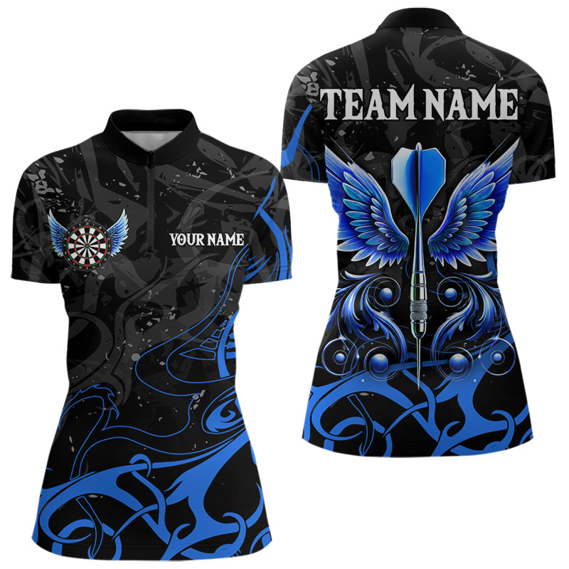 Individuelles Blau-Schwarz Pfeil Flügel Dart Damen Quarter Zip Shirt – Team Darts Trikots TDM3840