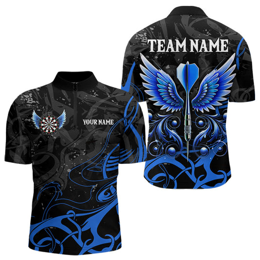 Individuelles Blau Schwarz Pfeil Flügel Dart Viertelreißverschluss Herren Shirt – Team Dart Trikots TDM3840