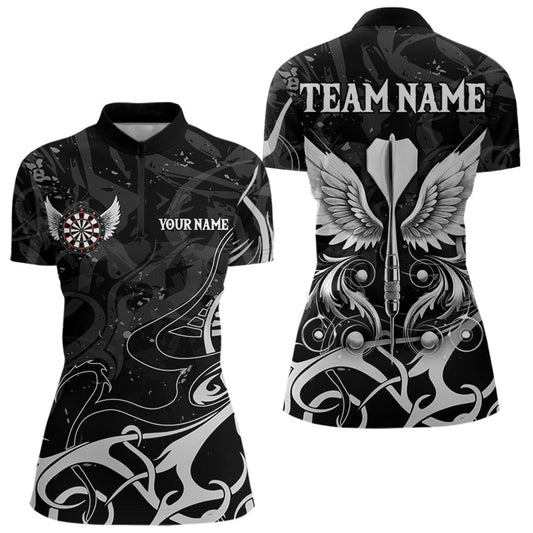 Individuelles Weiß-Schwarz Pfeil Flügel Dart Damen Quarter Zip Shirt – Team Darts Trikots TDM3841