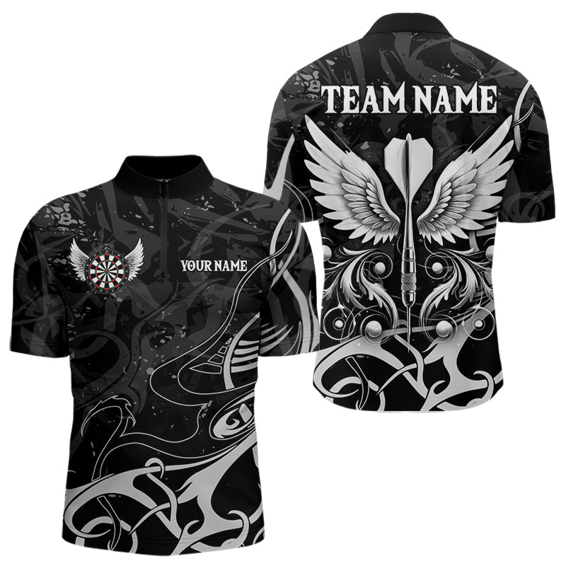 Individuelles Weiß Schwarz Pfeil Flügel Dart Viertelreißverschluss Herren Shirt – Team Dart Trikots TDM3841