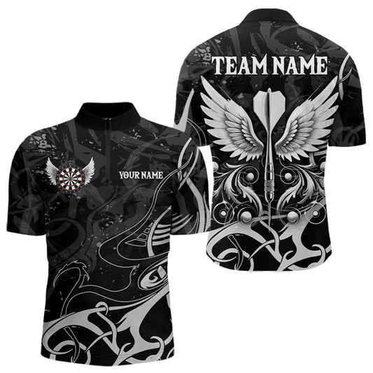 Individuelles Weiß Schwarz Pfeil Flügel Dart Viertelreißverschluss Herren Shirt – Team Dart Trikots TDM3841