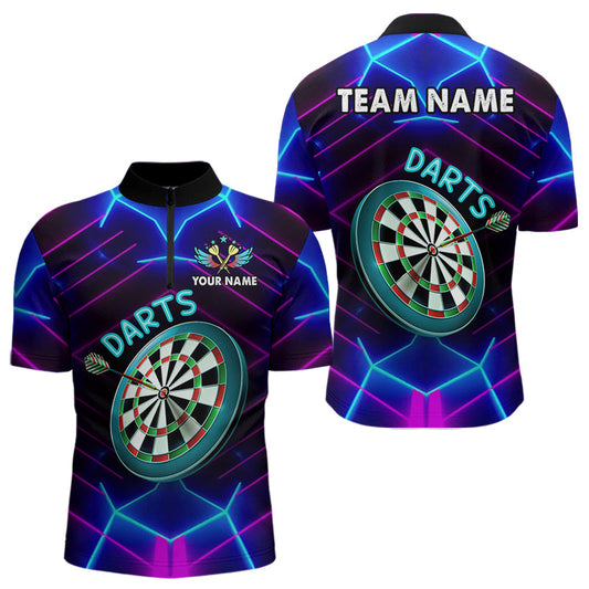 Individuelles Neon Lila Blau Leuchtend Dart Viertelreißverschluss Herren Shirt – Team Dart Trikot TDM3846