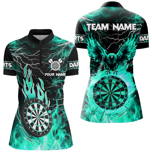 Individuelles Türkises Dartboard Feuerflamme Adler Dart Damen Quarter Zip Shirt, Dart Trikot TDM2928
