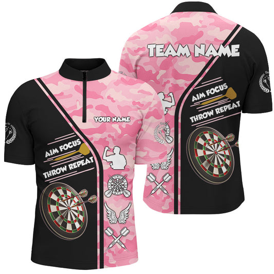 Individuelles Rosa Camouflage Ziel Fokussieren Werfen Wiederholen Dart Herren Shirt mit Viertelreißverschluss, Lustiger Dart Trikot TDM2930