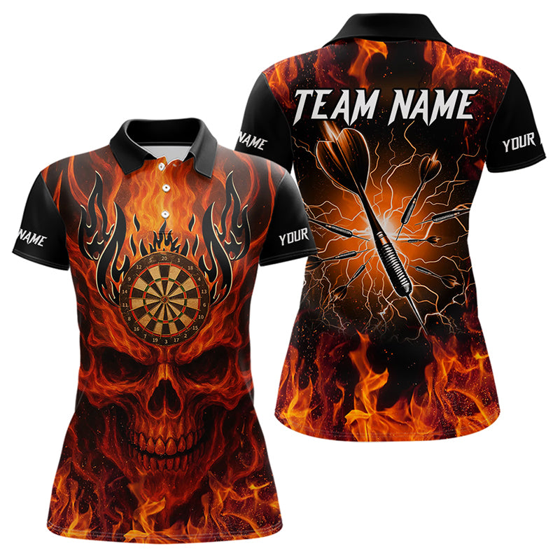 Individuelles Damen-Darttrikot mit orangefarbenem Flammenschädel, Feuer & Blitz Teamshirt TDM3856