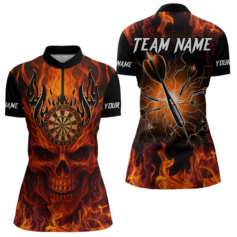 Individuelles Damen-Darttrikot mit orangefarbenem Flammenschädel, Feuer & Blitz Teamshirt TDM3856