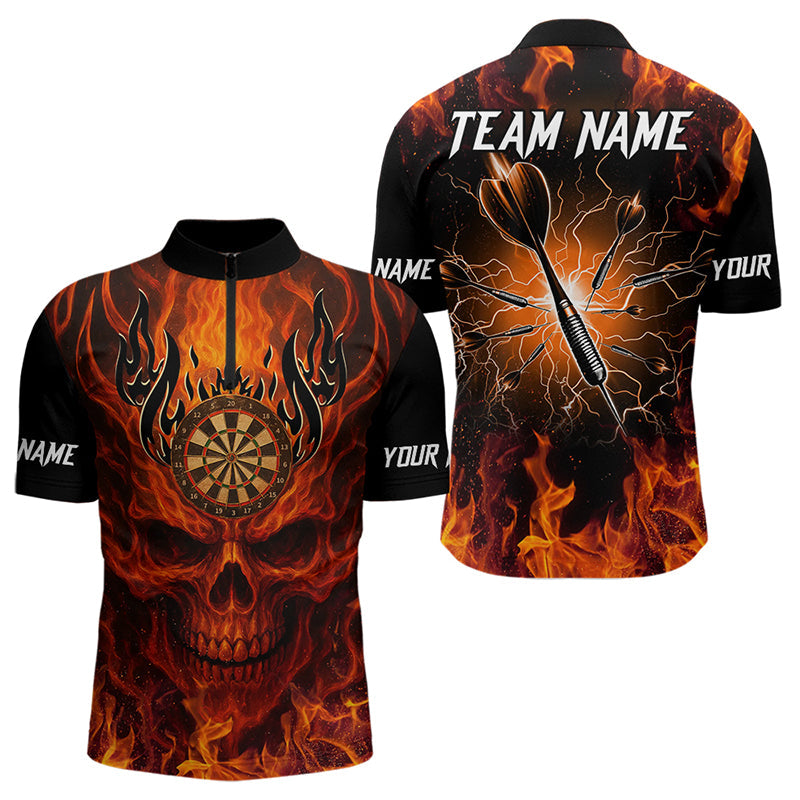 Herren-Darttrikots mit orangefarbenem Flammenschädel, individuelles Feuer-Blitz-Dart-Teamshirt TDM3856