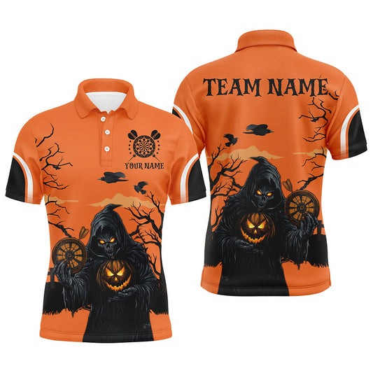 Individuelles Halloween-Spuk-Nacht-Todes-Skelett-Dart-Poloshirt für Herren, Oranges Darttrikot TDM2686