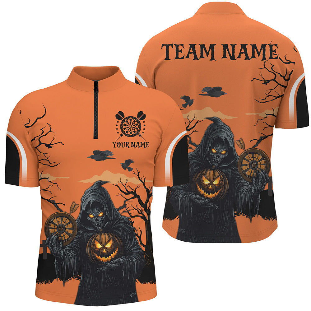 Individuelles Halloween Spook Night Death Skeleton Dart Herren Shirt mit Viertelreißverschluss, Orange Dart Trikot TDM2686