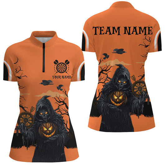Individuelles Halloween Spuk Nacht Todes-Skelett Dart Damen Quarter Zip Shirt, Oranges Dart Trikot TDM2686