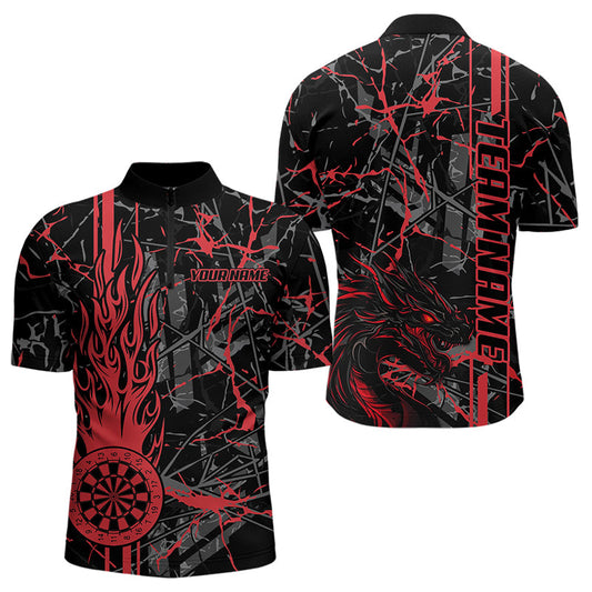 Individuelles Rote Grunge Drache Feuer Dart Viertelreißverschluss Herren Shirt – Dart Trikots Liga TDM3857