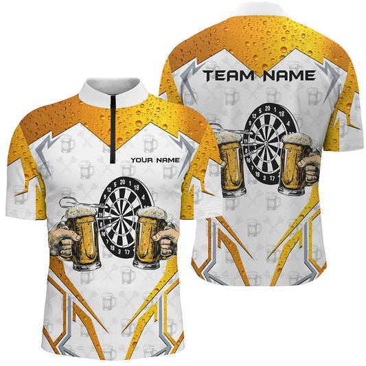 Individuelles Lustiges Dartboard und Bier Herren Shirt mit Viertelreißverschluss, Weißes Dart Team Trikot TDM2188