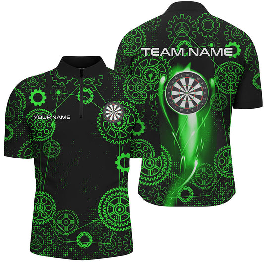 Individuelles Grünes Darts Zahnrads Muster Dart Herren Shirt mit Viertelreißverschluss, Darts Liga Dart Trikot TDM3187