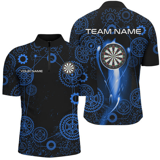 Individuelles Blaues Darts Zahnrads Muster Dart Herren Shirt mit Viertelreißverschluss, Darts Liga Dart Trikot TDM3188