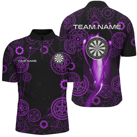 Individuelles Lila Darts Zahnrads Muster Dart Herren Shirt mit Viertelreißverschluss, Darts Liga Dart Trikot TDM3189
