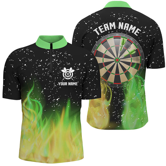 Individuelles Grün-Gelbes Feuer Dartboard Herren Shirt mit Viertelreißverschluss, Dart Team Trikot TDM1211