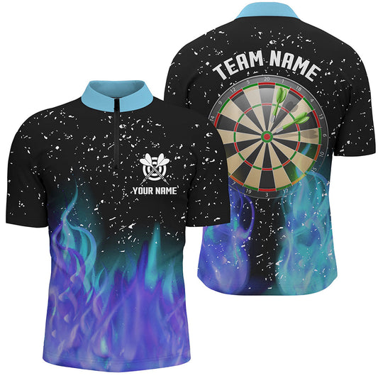 Individuelles Blau-Lila Feuer Dartboard Herren Shirt mit Viertelreißverschluss, Dart Team Trikot TDM1212