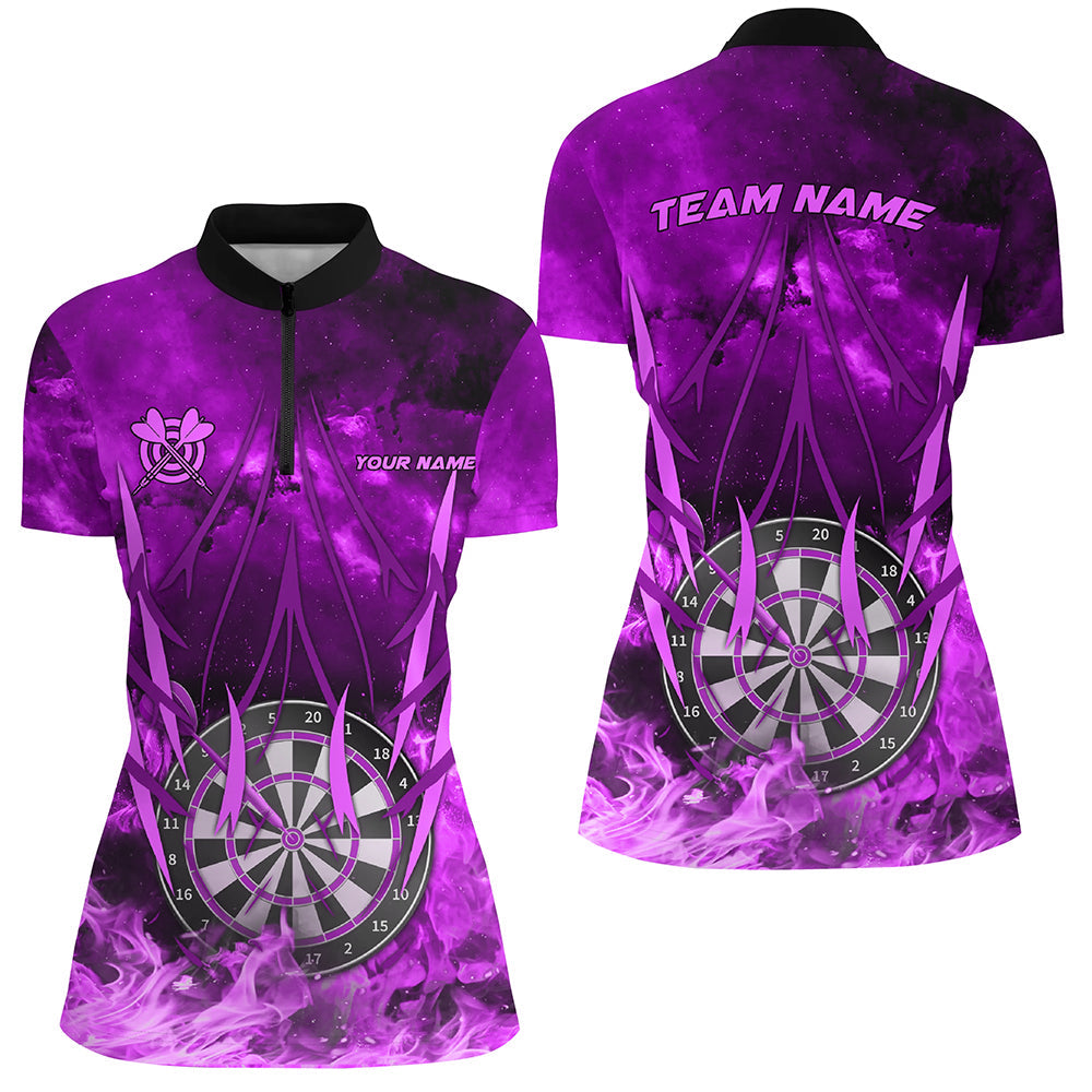 Individuelles lila Dartboard Fire Flame Dart Quarter Zip Shirt für Damen, Darttrikot für Spieler TDM1788