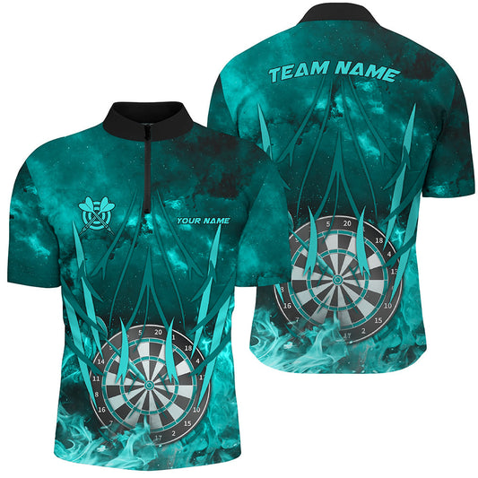 Türkises Flammen Dartboard in Flammen Herren Shirt mit Viertelreißverschluss, Dart Trikot für Spieler TDM1789