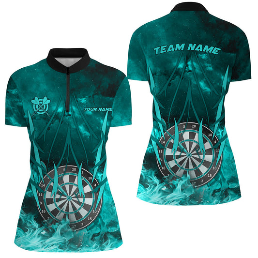 Individuelles türkises Flame Dartboard On Fire Dart Quarter Zip Shirt für Damen, Darttrikot für Spieler TDM1789