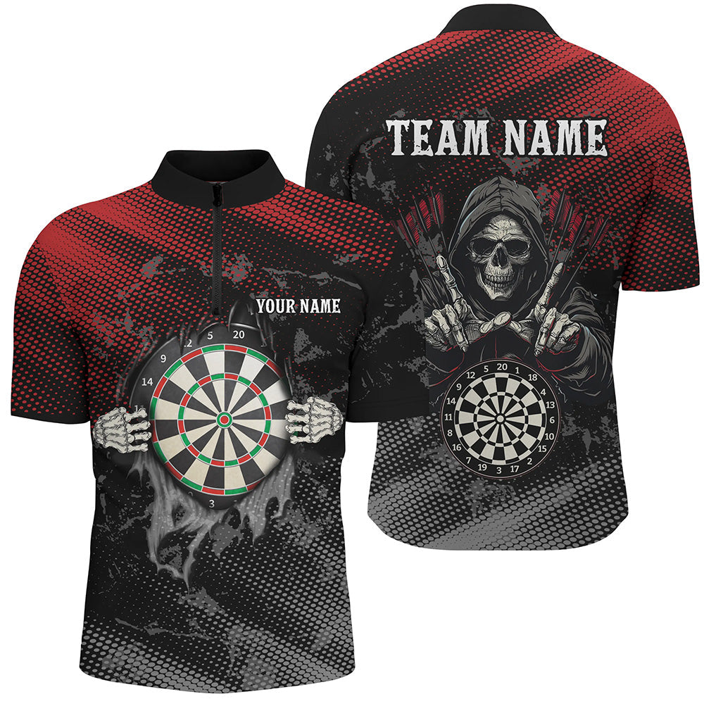 Rotes und Schwarzes Totenschädel Dart Herren Shirt mit Viertelreißverschluss, Totenschädel Dart Trikot TDM1987