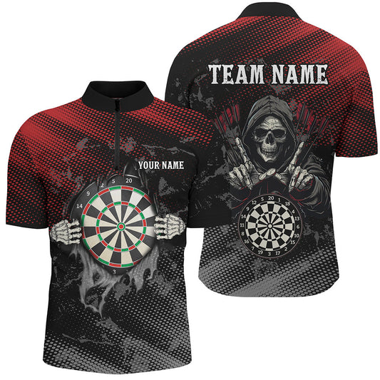 Rotes und Schwarzes Totenschädel Dart Herren Shirt mit Viertelreißverschluss, Totenschädel Dart Trikot TDM1987